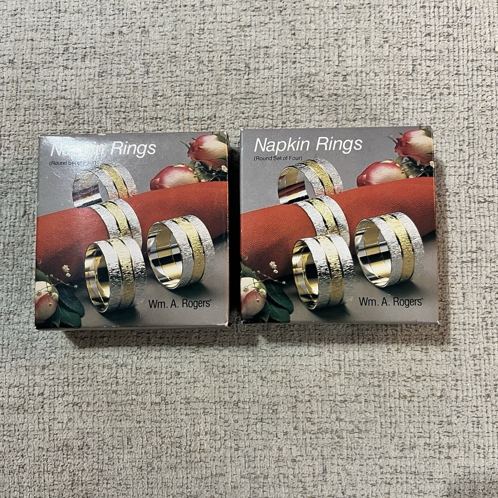 Wm. A Rogers Vintage Silver‎ and Gold Plate Set of 8 Napkin Rings New in Package